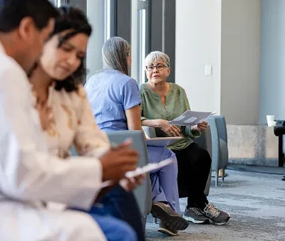 medical professionals meet with patients in the hospital lobby